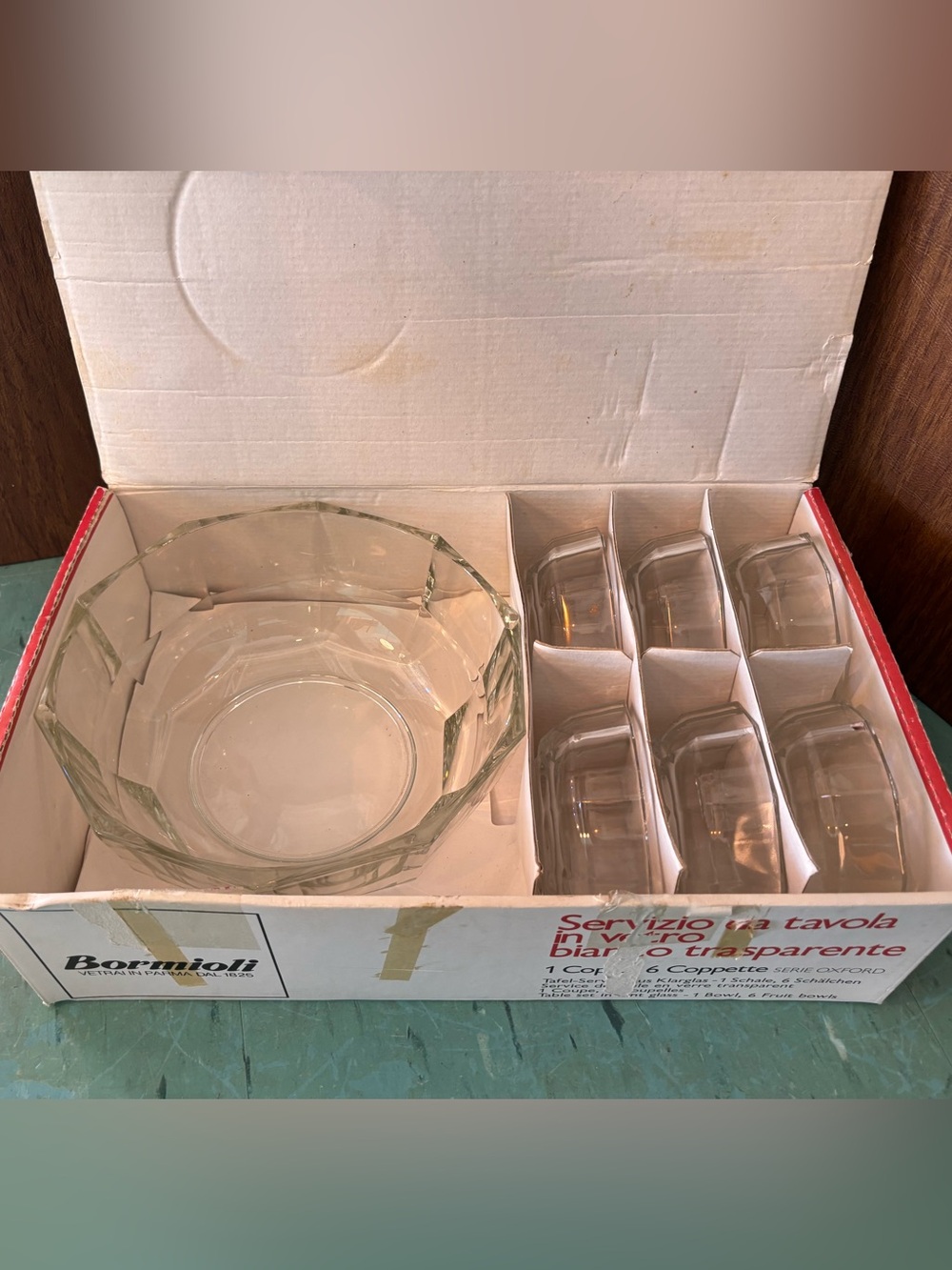 vintage serving bowl set Bormioli clear glass Italy salad dessert fruit